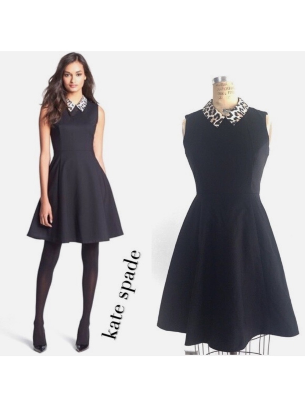 kate spade Black Sleeveless Fit-and-Flare Dress with Leopard Collar